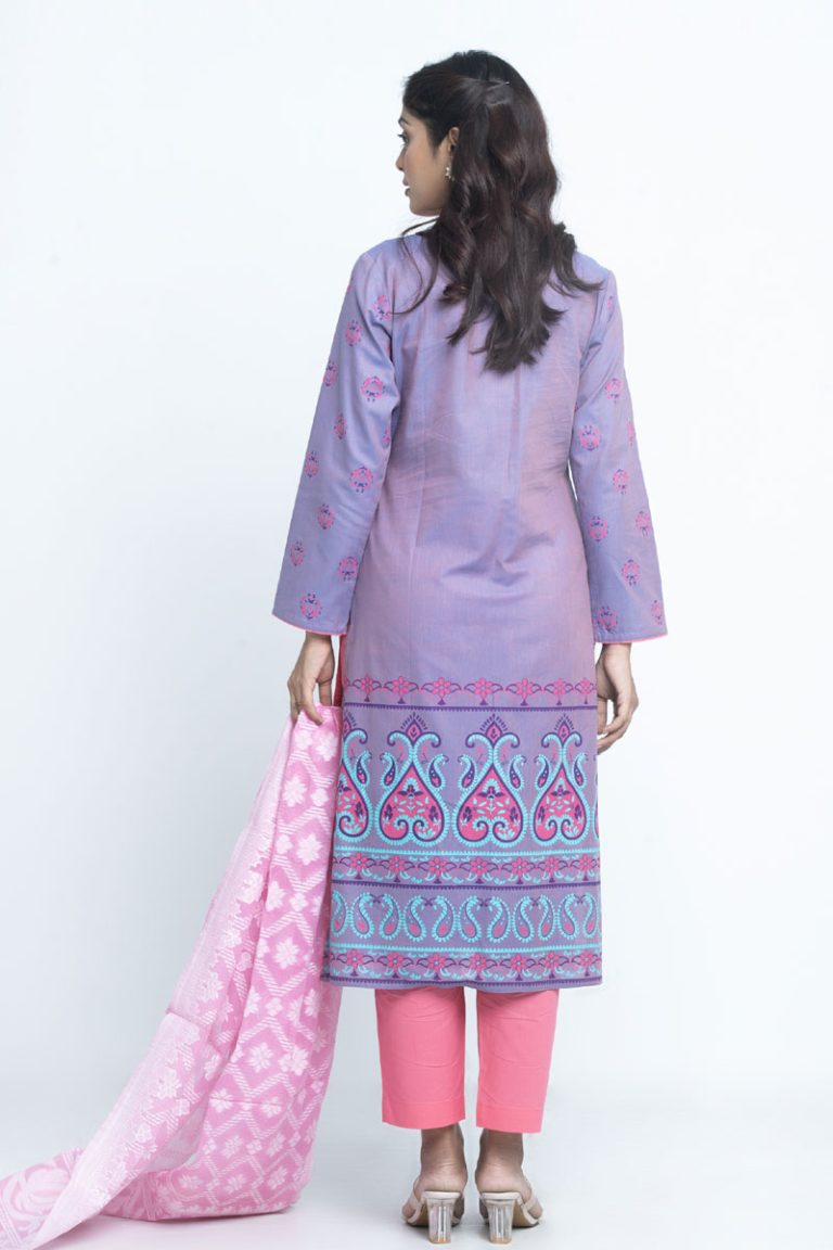 Dark navy Blue Linen Printed & Hand Embroidered Salwar Kameez Set - Image 2